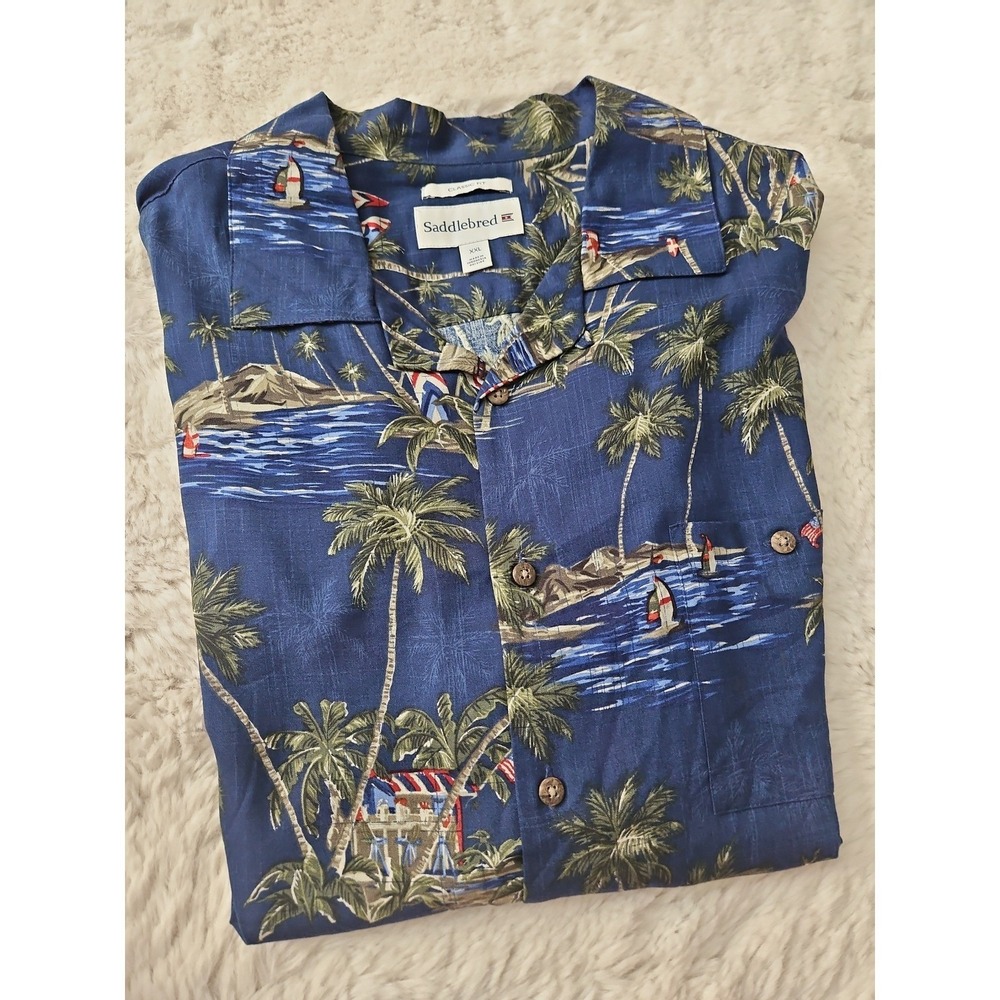 Saddlebred Patriotic Hawaiian Shirt Men's XXL Blue USA Flag Tropical Camp Shirt - Picture 3 of 12
